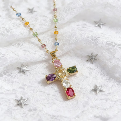 Collar Divinum® - Cruz de Gemas Multicolor