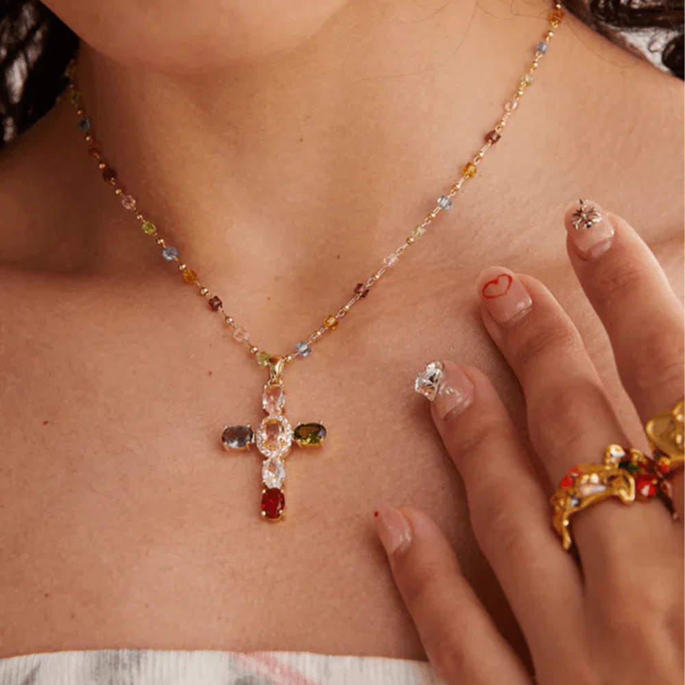 Collar Divinum® - Cruz de Gemas Multicolor